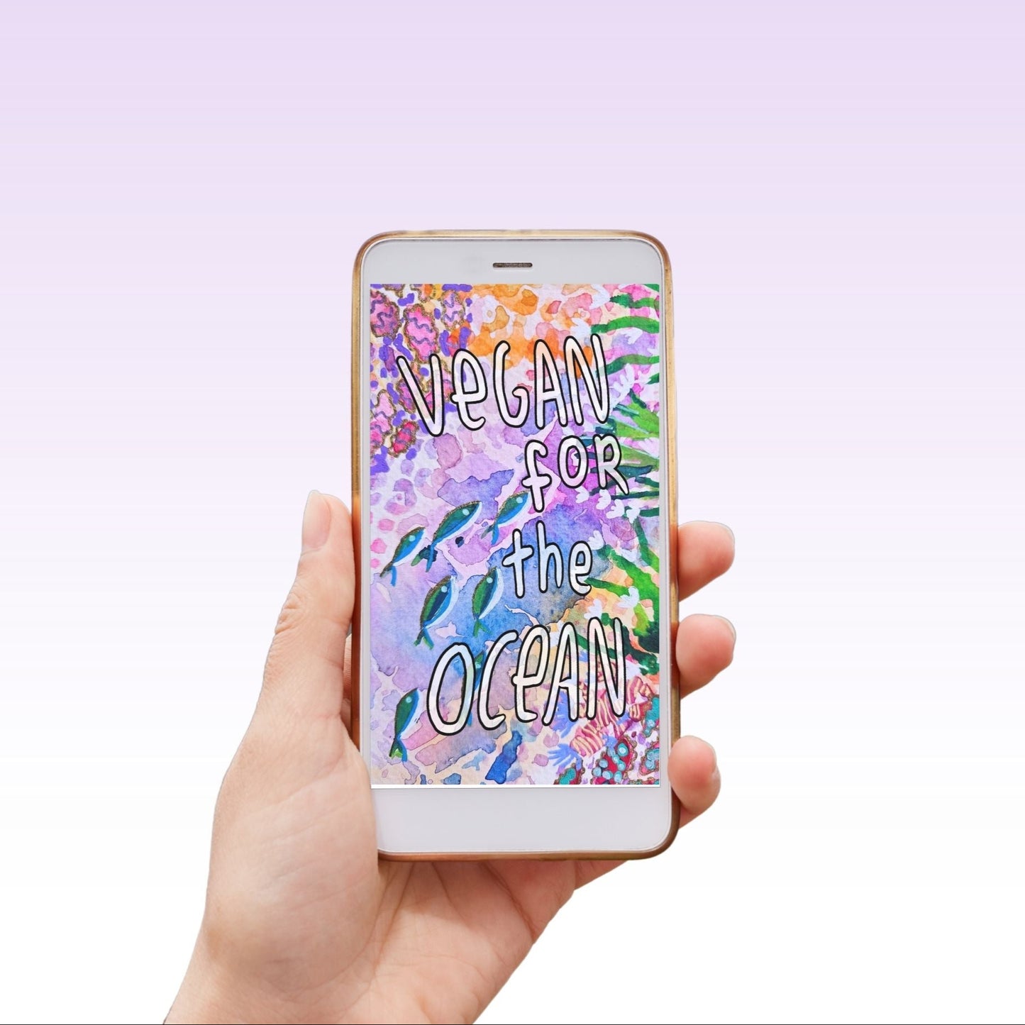 Hand holding a phone with 'Vegan for the Ocean' screen on a light purple background